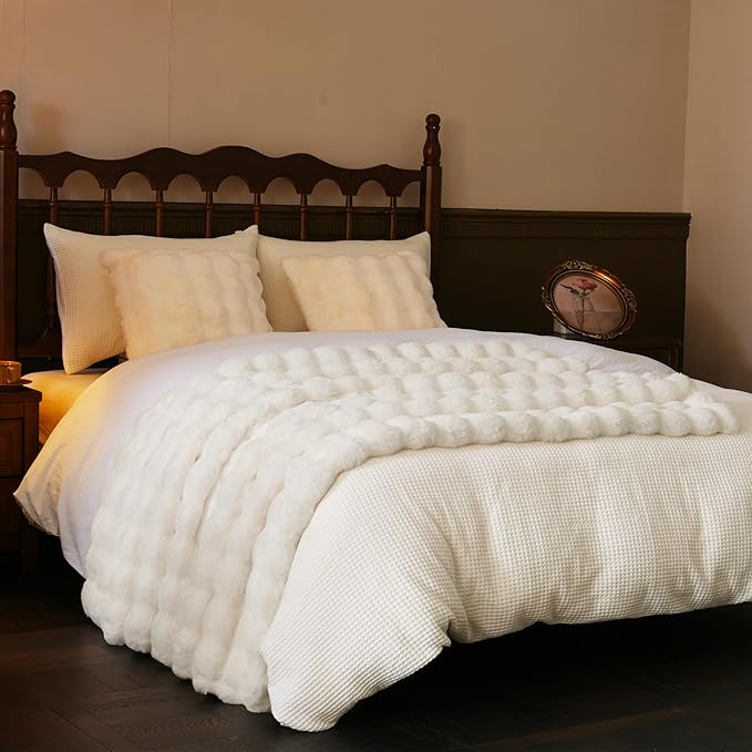 BENVWE Faux Fur Throw Blanket for Couch - Thickened Fluffy Soft Bubble Blanket for Living Room Home Decor - Mothers Day Birthday Gifts for Women Men, Cream White, 50" x 60", 1300GSM