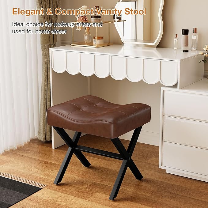 18-Inch Large Leather Vanity Stool, Vanity Chair with Metal X-Leg, Ottoman Accent Stool with Thick Padded Saddle Seat, Dark Brown