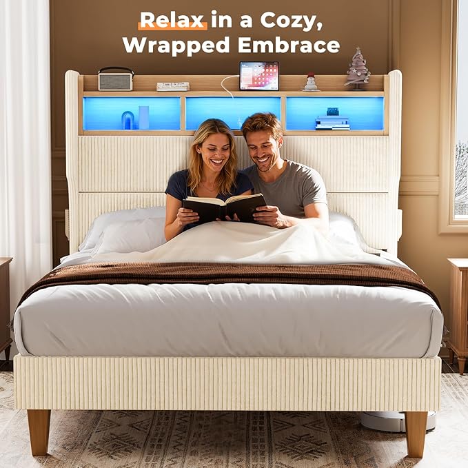 King Size Bed Frame with 51" Tall Corduroy Wingback Headboard and Storage Shelf, Upholstered Platform Bed with LED Lights & Charging Station, No Box Spring Needed, Easy Assembly, Cream
