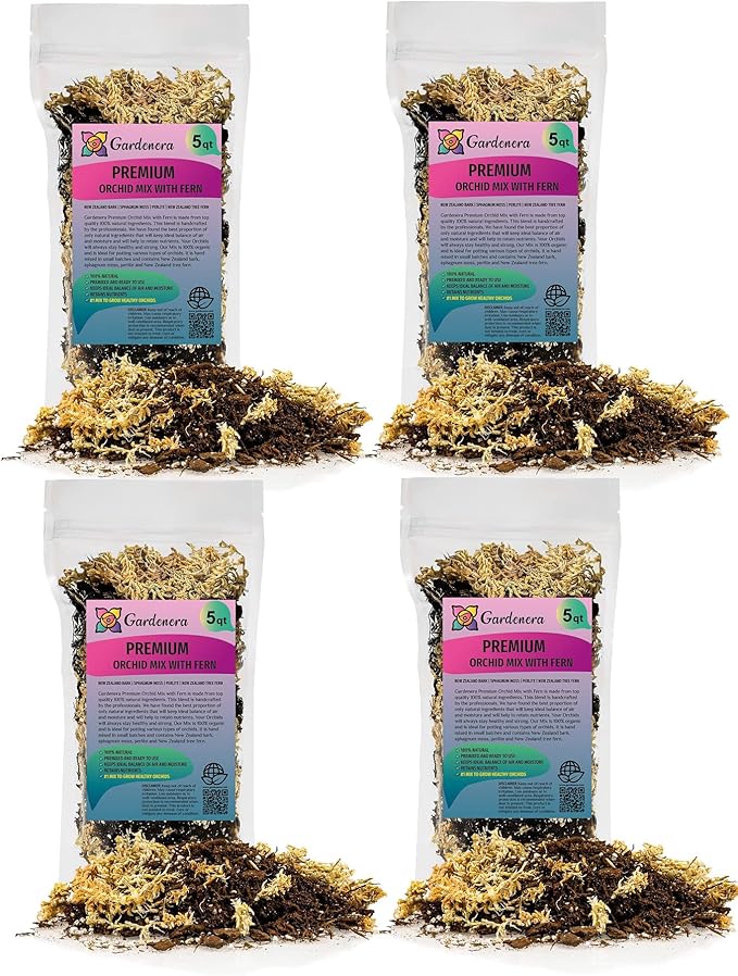 Premium Orchid Mix by GARDENERA - 20 Quart - Fern + New Zealand Pine Bark + Sphagnum Moss + Perlite | Best for Growing and Repotting Orchids (4 Bags of 5 QT)