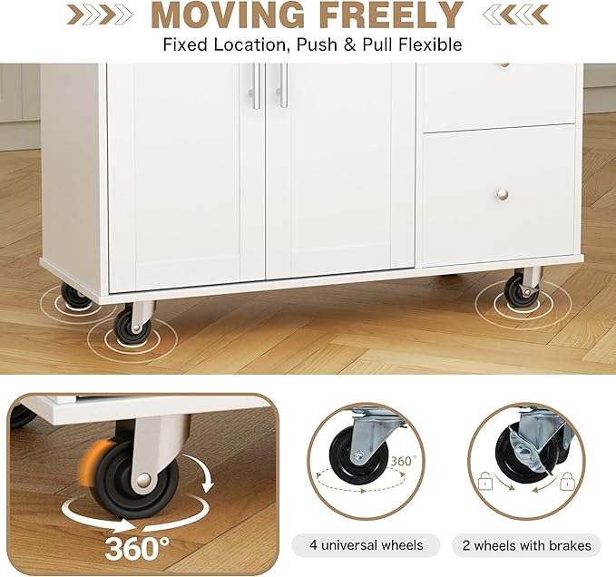 Shintenchi Kitchen Island with Folding Drop Leaf, Rolling Island Table with Storage, Kitchen Cabinet on Wheels with Seating Area for Kitchen, Bar Cart with Cabinet, White