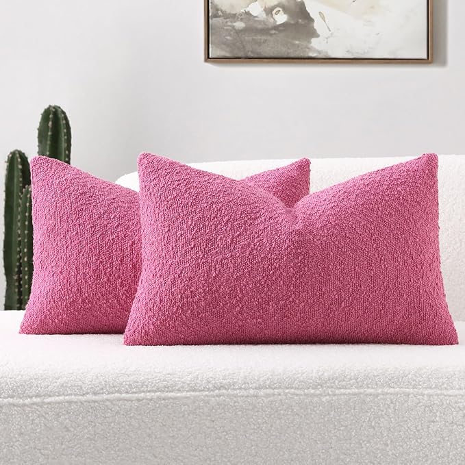 FUTEI Pack of 2 Hot Pink Decorative Throw Pillow Covers 12x20 Inch Soft Cozy Solid Boucle Textured Lumbar Pillow Cases,Modern Home Decor for Couch Bed Living Room