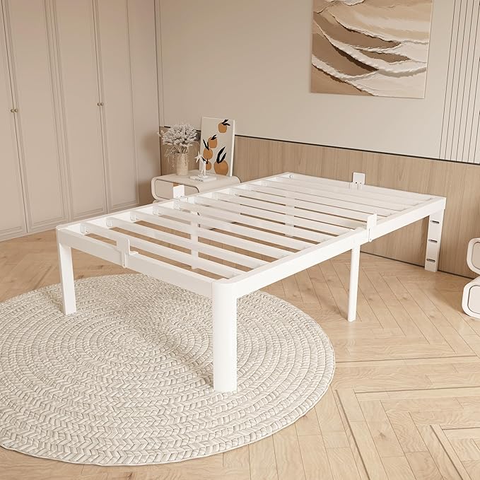 16 Inch Twin Size Bed Frames, Platform Bed with Metal Gaskets, Metal Bedframe No Box Spring Needed, DIY Headboard, Anti-Slip Mattress Stopper, Round Corner Leg, Easy Assembly, White