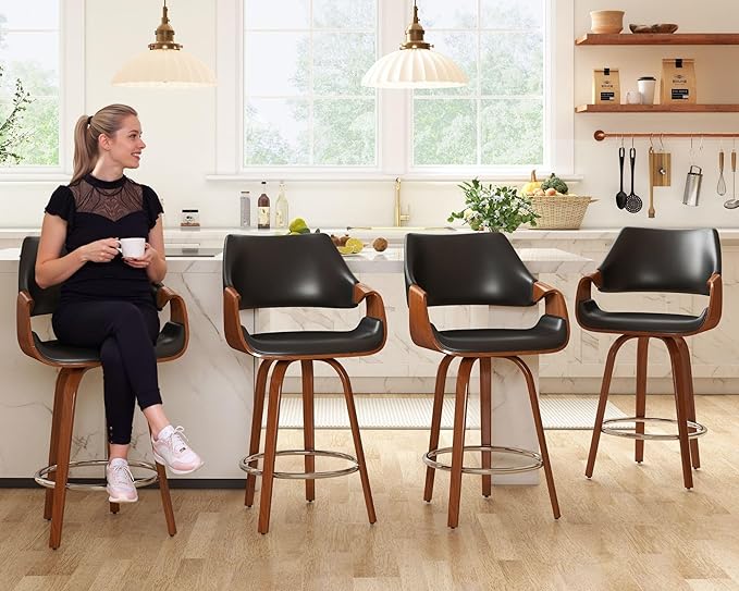 26’’ Modern Barrel Swivel Counter Stools Counter Height Swivel Bar Stools with Backs Set of 6 Black Faux Leather Upholstered Bar Height Island Chairs, Farmhouse Walnut Wood Barstool for Kitchen Island