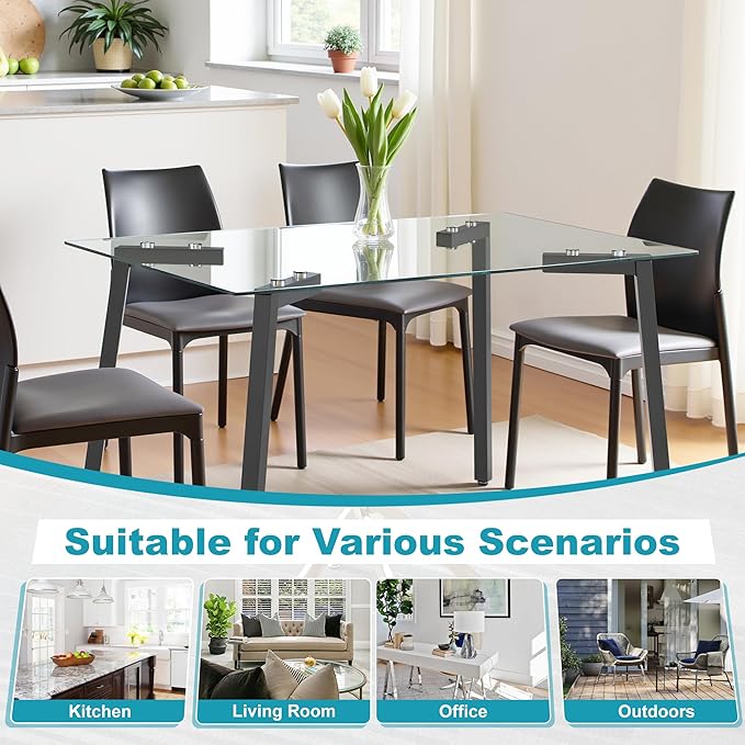 Dining Table for 6 Kitchen Table 51" Rectangular Modern Glass Dining Table Kitchen & Dining Room Tables with Glass Tabletop and Metal Legs for Dining Room and Kitchen, Black