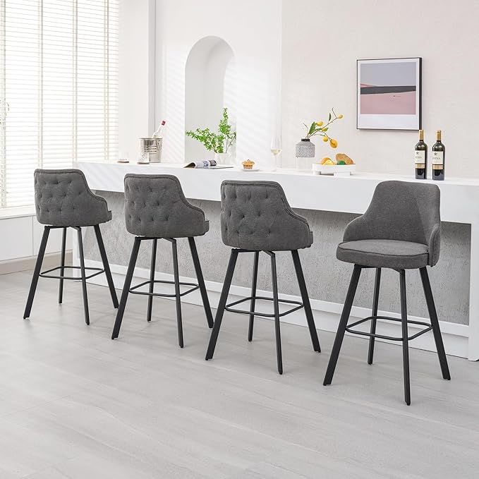 Bar Stools Set of 4, 30" Swivel Bar Height Bar Stool with High Back, Linen Kitchen Barstools Bar Height for Kitchen Island (Dark Grey, 4PCS 30" Bar Stools)