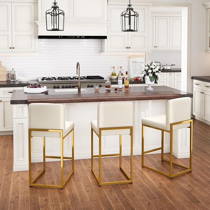 PHI VILLA Bar Stools Set of 3 - Counter Height Bar Stool Leather Stools for Kitchen Counter, White and Gold Bar Stools with Back