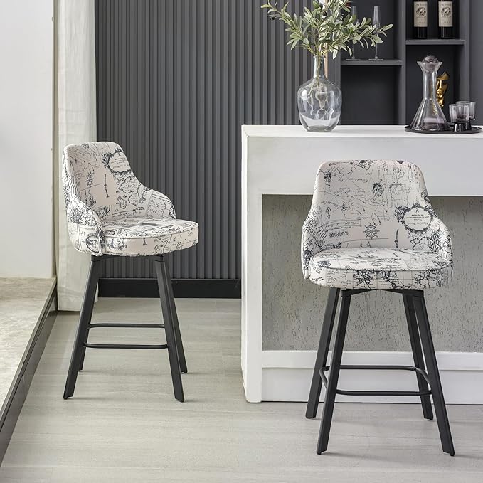 Bar Stools Set of 2, 26" Swivel Counter Height Bar Stools with High Back, Linen Kitchen Barstools Counter Height for Kitchen Island (Beige (Nautical Print), 2PCS 26" Counter Stools)