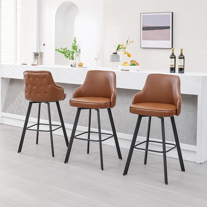 Bar Stools Set of 2, 30" Swivel Bar Height Barstools with High Back, Faux Leather Kitchen Barstool Bar Height for Kitchen Island (Dark Brown, 2PCS 30" Bar Stools)