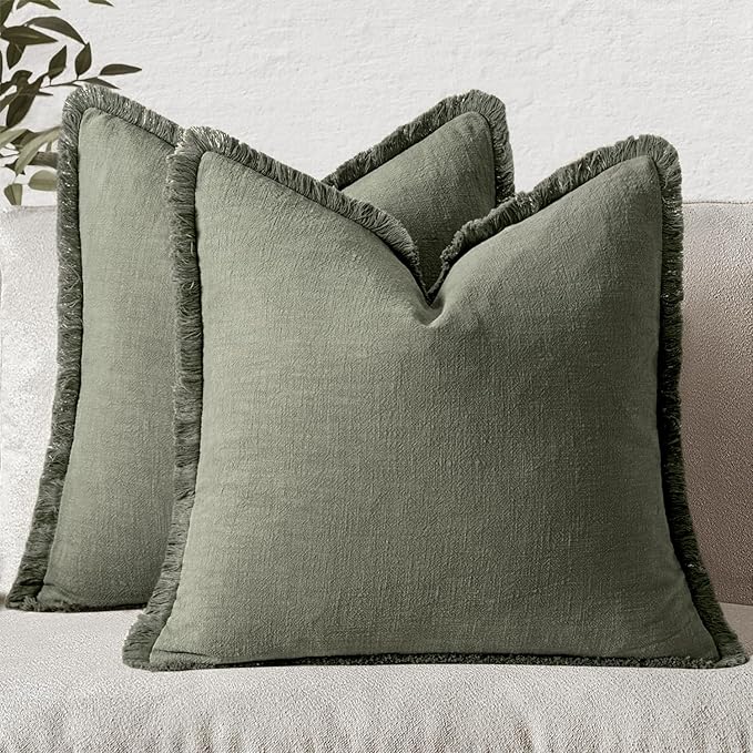 MIULEE Decorative Throw Pillow Covers Neutral Linen Fringe Throw Pillows Set of 2 Light Olive Green Boho Farmhouse Cushion Covers for Couch Sofa Bed Living Room Spring Home Decor 20x20 Inch