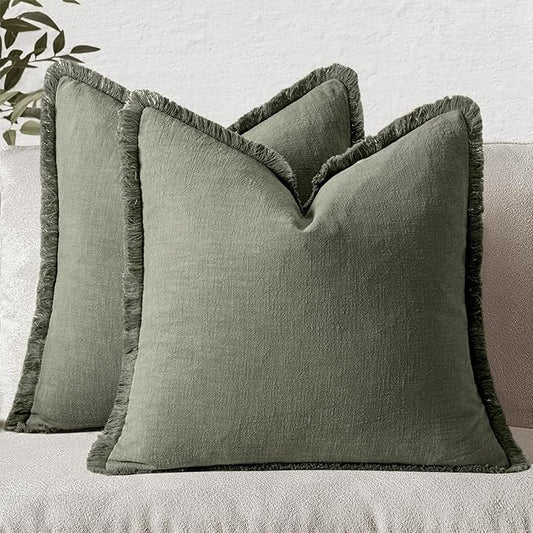 MIULEE Decorative Throw Pillow Covers Neutral Linen Fringe Throw Pillows Set of 2 Light Olive Green Boho Farmhouse Cushion Covers for Couch Sofa Bed Living Room Spring Home Decor 20x20 Inch