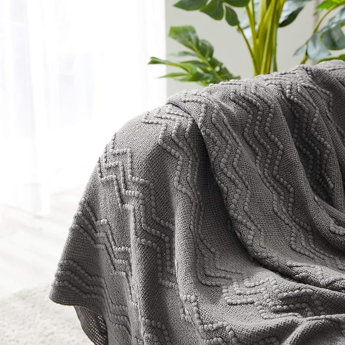 BOURINA Dark Grey Throw Blanket 50 x90 Inches Throw Textured Solid Soft Sofa Throw Bed Runner Couch Cover Knitted Decorative Blanket Bed Runner