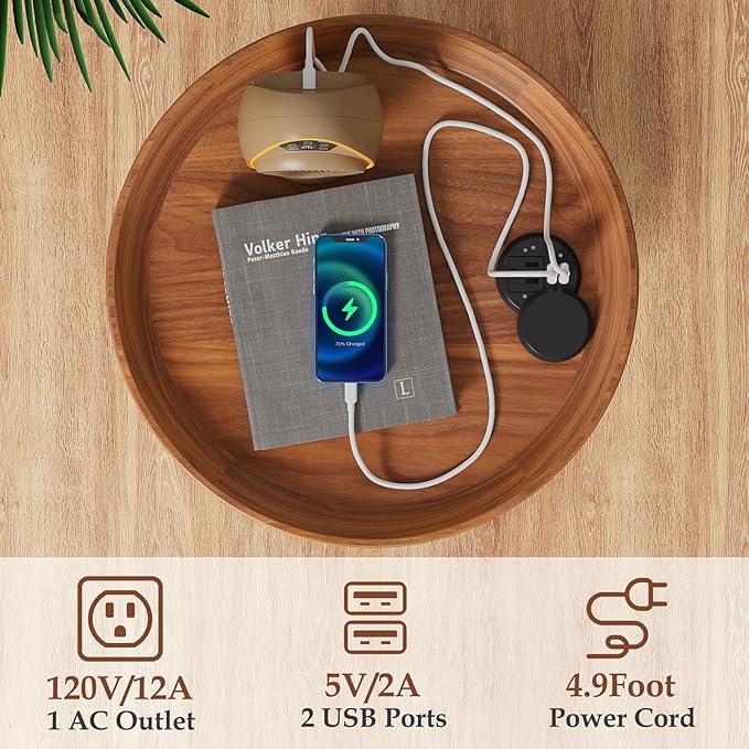 Gadroad Round End Table with Charging Station, USB Ports, Wood Tabletop & Black Metal Frame, 2-Tier Side Table for Living Room, Bedroom, Brown 15.7 * 15.7 * 23.0inches