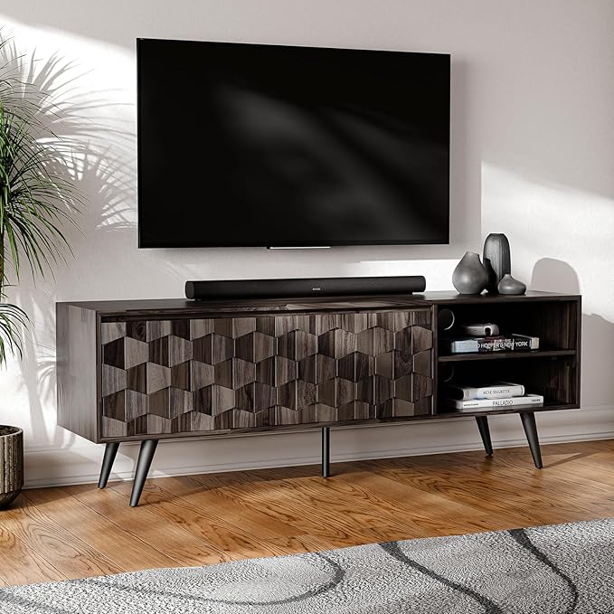 Bme Georgina 65-Inch Solid Acacia Wood TV Stand, Quick Assembly Entertainment Center with Storage, Geometric Pattern Console for Living Room, Bedroom, and Dining Room, Mocha