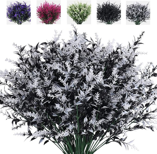 RECUTMS 8 Bundles Artificial Flowers Outdoor UV Resistant Fake Flowers Fake Outside Plants Plastic Outdoor Flowers for No Fade Faux Plastic Plants Garden Porch Window Box Décor(Black+White)