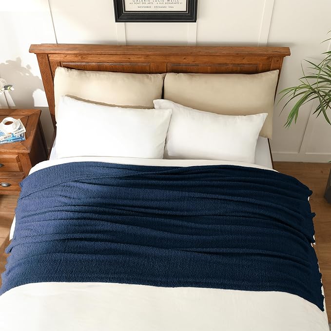 JOOJA Knit Throw Blanket Super Soft Warm Blanket for Couch Lightweight Fluffy Blanket for Bed Sofa 60x80 Inches Navy Blue