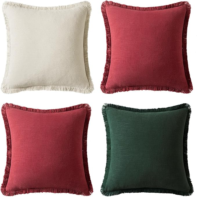 MIULEE Linen Pillow Covers 20x20 Inch Decorative Throw Pillows with Fringe Pack of 4 Soft Farmhouse Boho Couch Pillows Home Decors for Sofa Cushion Living Room Bed Dark Green and Burgundy