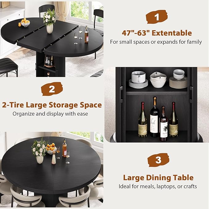 Extendable Round Kitchen Dining Room Table for 4-6 with 2-Tier Storage Shelf, 63'' Space Saving Expandable Wood Oval Circle Dinner Furniture with Pedestal Base(Black)