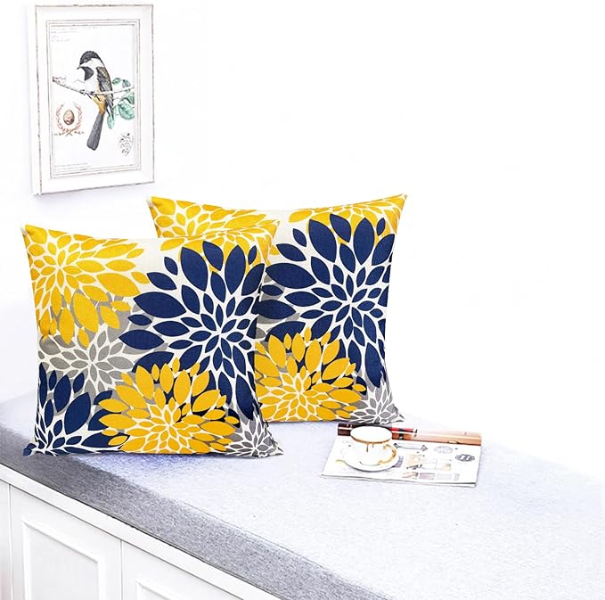 Decorative Throw Pillow Covers Set of 2 Blue Yellow Pillow Covers 22x22 Inch Couch Pillow Covers for Sofa Living Room Outdoor Throw Pillow Cover Linen Floral Flower Farmhouse Pillowcase