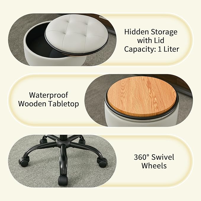 Rolling Chair (Stool & Small Table in One) (Adjustable Height Leather Pedicure Chair 20.67"-24.61"), Gray Tattoo Stool with Storage