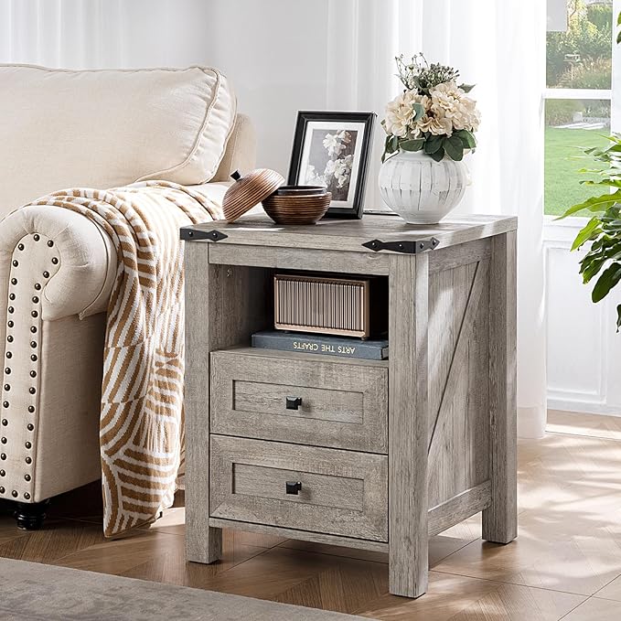 Nightstands Set of 2 with Charging Station, Farmhouse Night Stand with 2 Drawers and Shelf Storage, Wooden Side End Table, Bedside Cabinet for Bedroom, Living Room, Closet,Office (Grey)