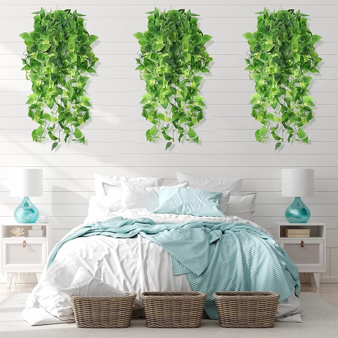 Hoteam 12 Pcs Artificial Hanging Plants 32 Inch Fake Ivy Vines with Fake Leaves Patio Artificial Plants Greenery for Living Room Indoor Outdoor Wall, No Basket (Pothos)
