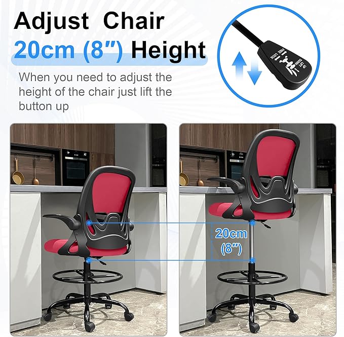 Primy Drafting Chair Tall Office Chair with Flip-up Armrests Executive Ergonomic Computer Standing Desk Chair with Lumbar Support and Adjustable Footrest Ring (Fire Brick)