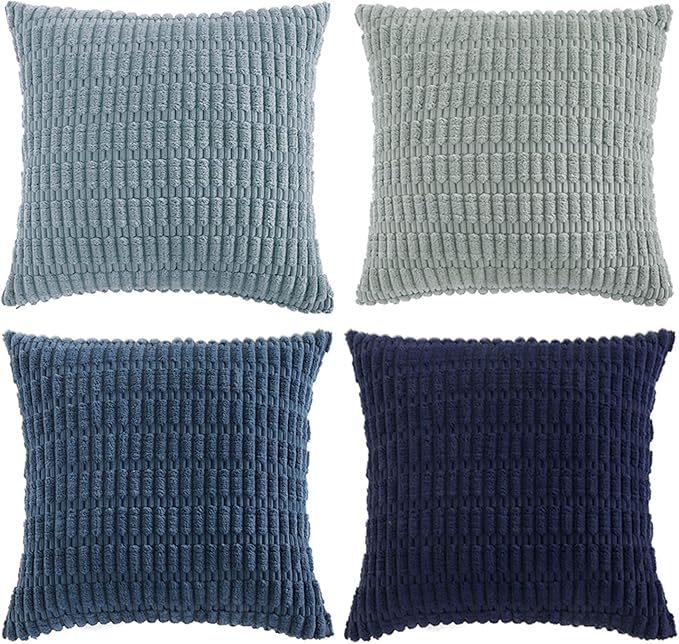 Fancy Homi Set of 4 Blue Decorative Throw Pillow Covers 14x14 Inch for Couch Bed Chair, Modern Farmhouse Boho Room Decor, Soft Fuzzy Corduroy Textured Striped Coastal Blue Cushion Case 35cm