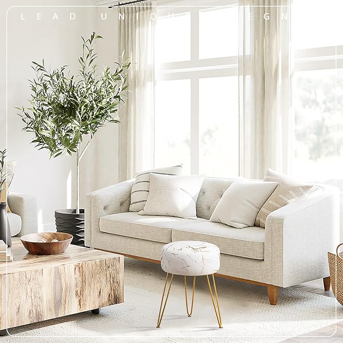 LUE BONA Vanity Stool, Gold Vanity Stools for Makeup Room, Round Ottoman Foot Stool, Velvet Footrest Vanity Chair for Bathroom Vanity, Bedroom, Living Room, Entryway, Offices