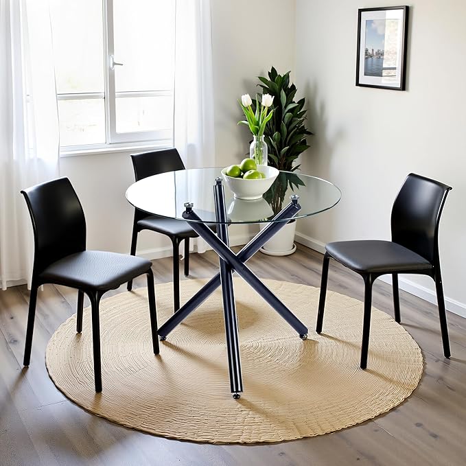 Kitchen Table Classic Dining Table for 4 Round Glass Dining Table 35.43" Kitchen & Dining Room Tables with Metal Legs and Glass Tabletop for Dining Room and Apartment, Black