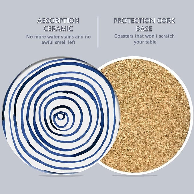 Drink Coasters Set of 6 with Holder, Blue Watercolor Series Absorbent Ceramic Coasters with Cork Base,Fit All Cups,Great Gift for Housewarming,Room Decor,Bar,Holiday Party