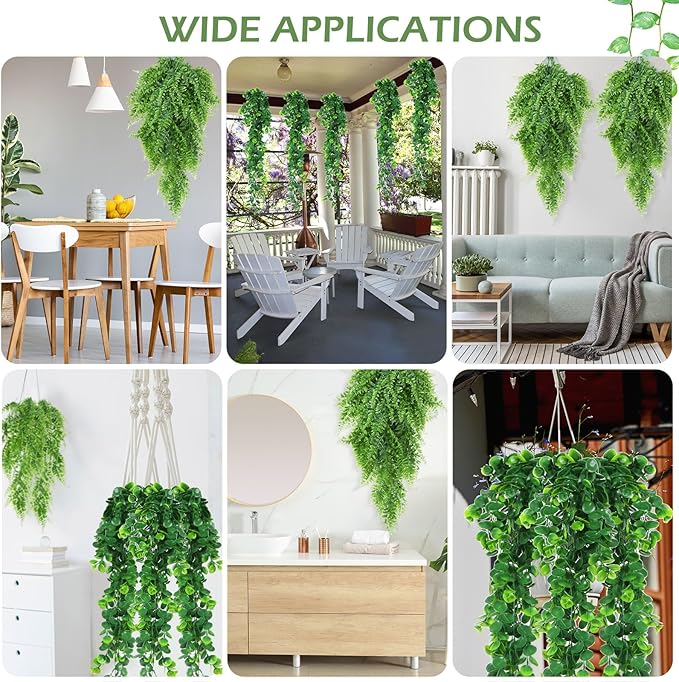 Hoteam 12 Pcs Artificial Hanging Plants 32 Inch Fake Ivy Vines with Fake Leaves Patio Artificial Plants Greenery for Living Room Indoor Outdoor Wall, No Basket (Eucalyptus,Persian Grass)