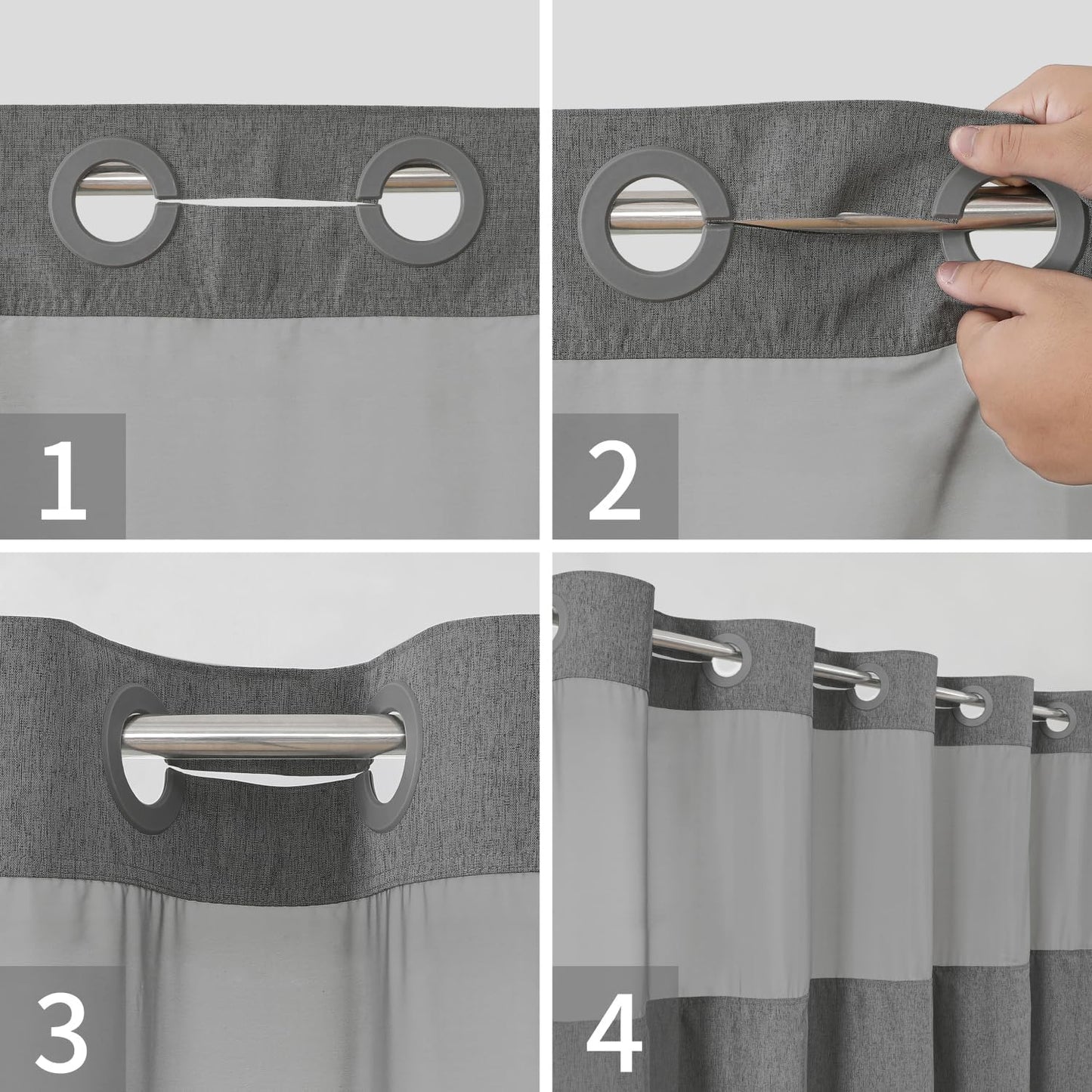 Extra Long No Hooks Needed Linen Textured Shower Curtain with Snap-in Fabric Liner Set,White Hotel Luxury Decor Shower Curtains for Bathroom,Waterproof & Washable,71Wx86H,Charcoal Grey