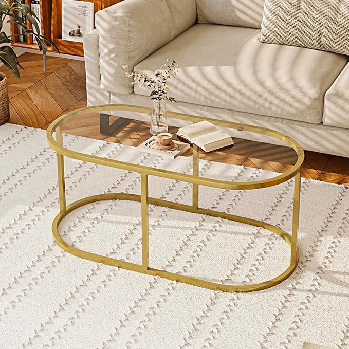 Coffee Table Gold Glass Coffee Tables for Living Room, Oval Table Center Table with Sturdy Metal Frame,Modern Tempered Glass Accent Tables for Bedroom Home Office