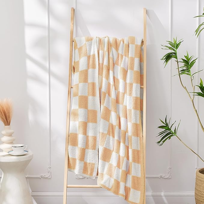 JOOJA Soft Cozy Checkerboard Peach Blanket Fluffy Knit Throw for Couch Plaid Checkered Blanket Peach 50x60 in