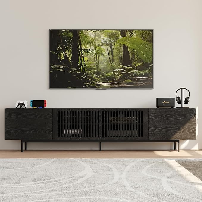 POVISON Full Assembled Mid-Century Modern TV Stand with Slatted Doors, Wood Media Console for 80 85+ Inch TV, TV Console with Tall-cast Metal Legs, Entertainment Center with Storage for Living Room