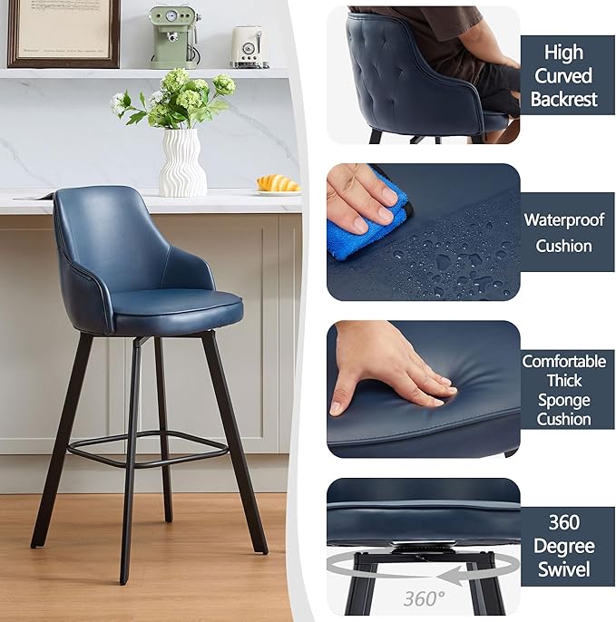 Bar Stools Set of 4, 30" Swivel Bar Height Bar stools with High Back, Faux Leather Kitchen Barstools Bar Height for Kitchen Island (Navy Blue, 4PCS 30" Bar Stools)