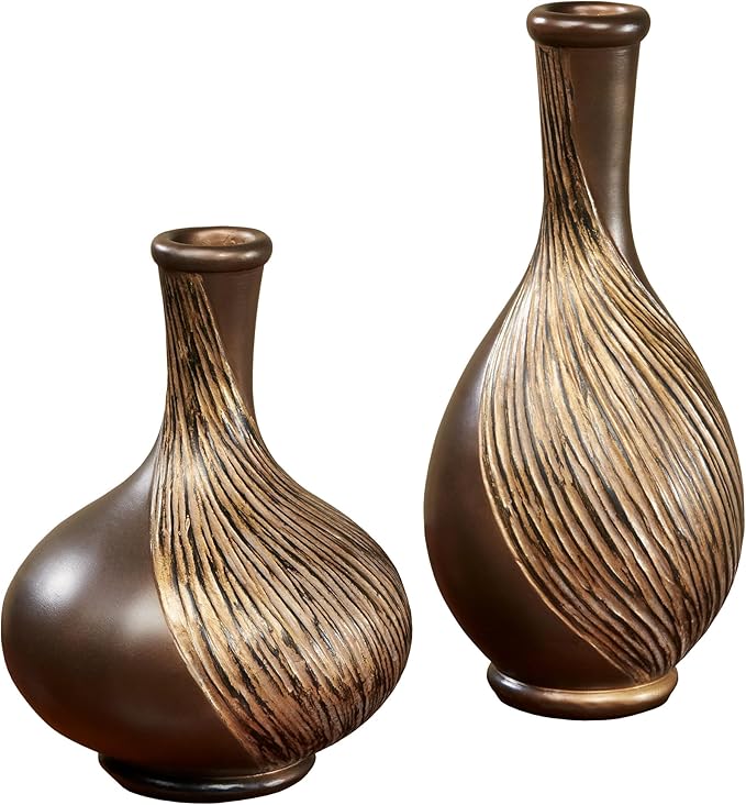Textured Swirl Golden Bronze Decorative Modern Table Vases Set of 2