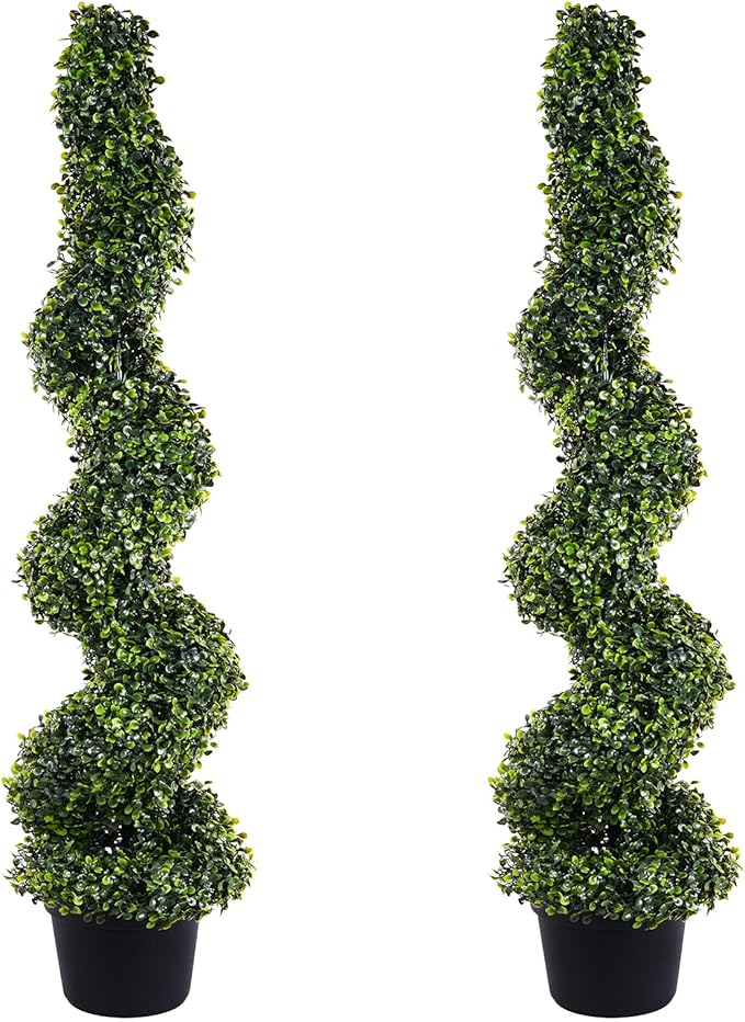 4FT Artificial Boxwood Spiral Topiary Trees, 4ft Tall (2 Pieces) Faux Plant Outdoor, All-Year Green Fake Plant with Replaceable Leaves for Decorative/Indoor/Porch/Garden