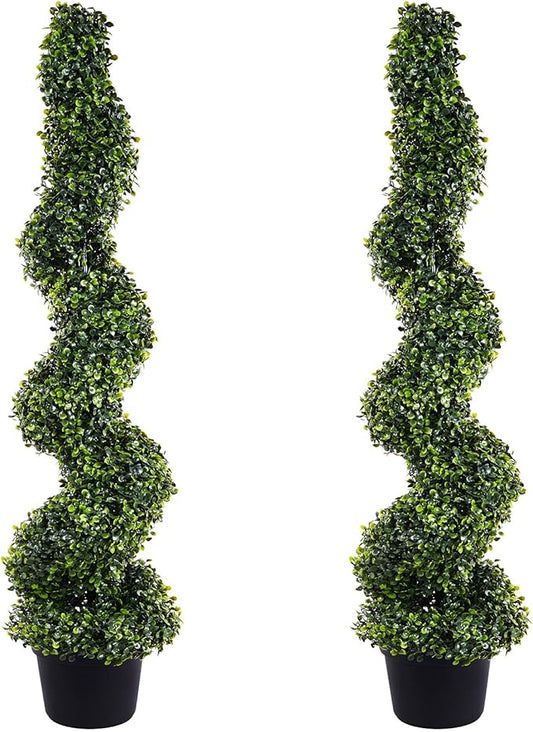 4FT Artificial Boxwood Spiral Topiary Trees, 4ft Tall (2 Pieces) Faux Plant Outdoor, All-Year Green Fake Plant with Replaceable Leaves for Decorative/Indoor/Porch/Garden