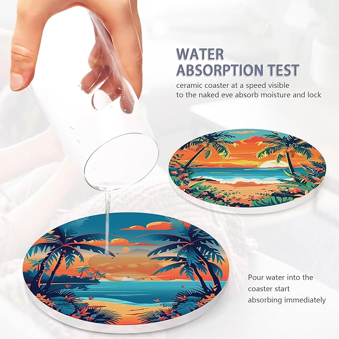 Drink Coasters Set of 6 with Holder, Palm Trees Beach Sunset Absorbent Ceramic Drink Coaster for Tabletop Protection,Suitable for Kinds of Cups,Drinks Coasters for Home Office Decoration(4 Inches)