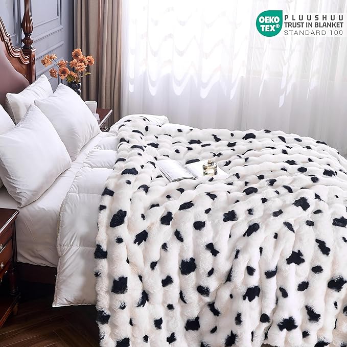 Faux Fur Throw Blanket for Couch, Fluffy Fuzzy Plush Bubble Blanket, Soft Warm Cozy Shaggy Rabbit Blanket, Luxury Decorative Gifts for Sofa Bedroom Living Room, 60x80inch (Cow Color)