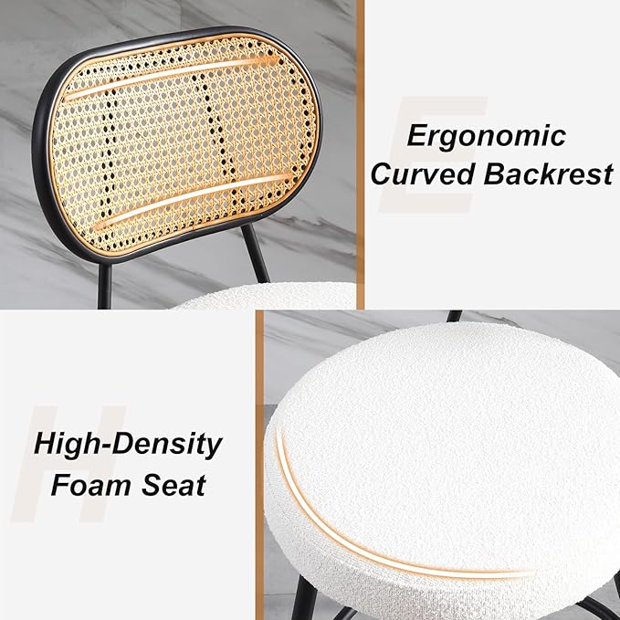 26" Rattan Barstools Set of 2, Counter Height Bar Chair with Black Metal Legs, Modern Armless Sherpa Pub Chair, Adjustable Feetpads Stools for Home Counter, Kitchen Dining Island, Cafe(Beige)