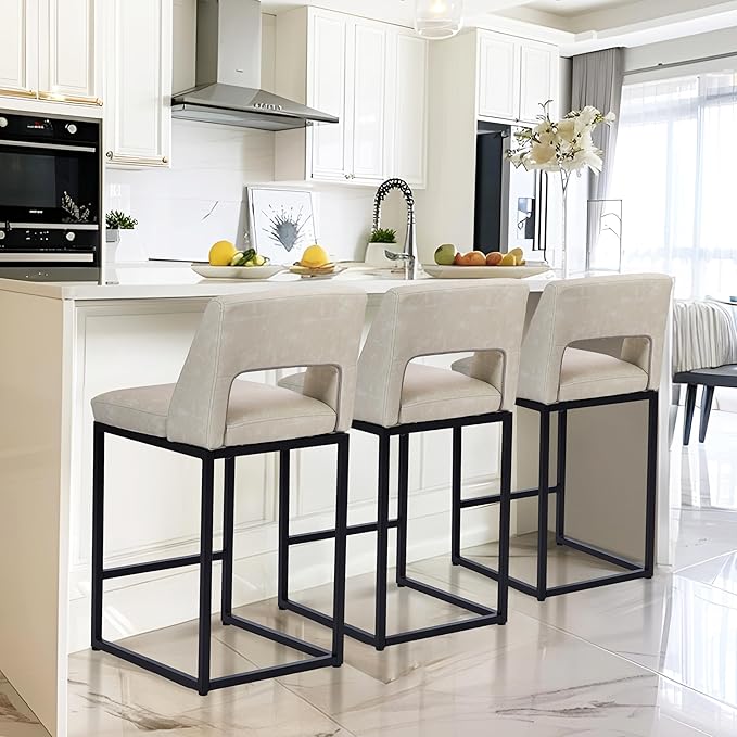 Counter Height Bar Stools Set of 3 for Kitchen Counter Modern Bar Chairs with Backs for Kitchen Island with Upholstered Faux Leather Seat and Metal Frame, Beige, 26 Inch