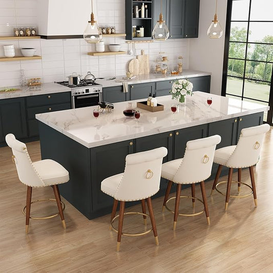 24" Counter Height Bar Stools Set of 4, Swivel Counter Stools with Back, Upholstered Velvet Stools for Kitchen Counter with Wood Legs, Fabric in Off-White