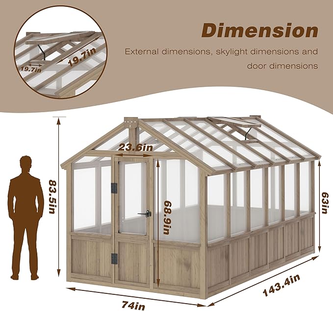 Mupater 6'x12' Wooden Polycarbonate Greenhouse,Outdoor with Ventilated Window and Lockable Door, Walk-in Greenhouse for Backyard, Patio, Lawn, Brown
