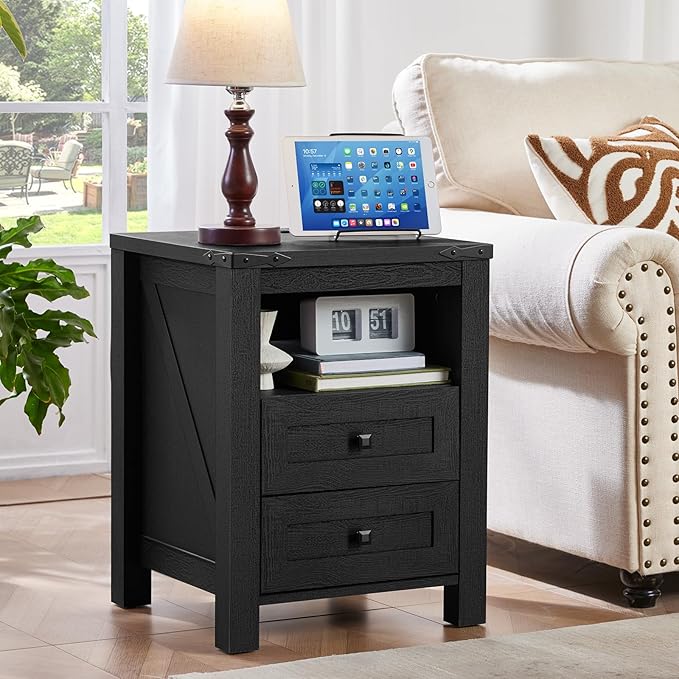 Night Stands with Charging Station Set of 2, Farmhouse Nightstand, Wooden Bedside End Tables with 2 Drawers and Open Shelf, Bed Side Table for Bedroom, Living Room, Closet, Office (Black)