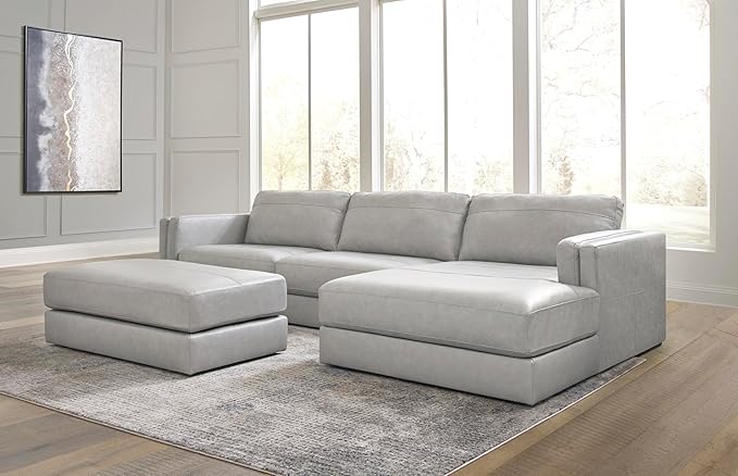 Signature Design by Ashley Amiata Modern L-Shaped Leather Match 2-Piece Sectional with Chaise, Light Gray
