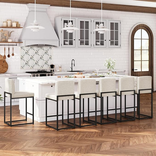 ALPHA HOME 24 Inch Bar Stools Set of 6, Kitchen Counter Stools with Backs, PU Leather Barstools, Kitchen Stools with Back&Upholstered Footrest, Sturdy Chromed Metal Steel Frame, Light Gray