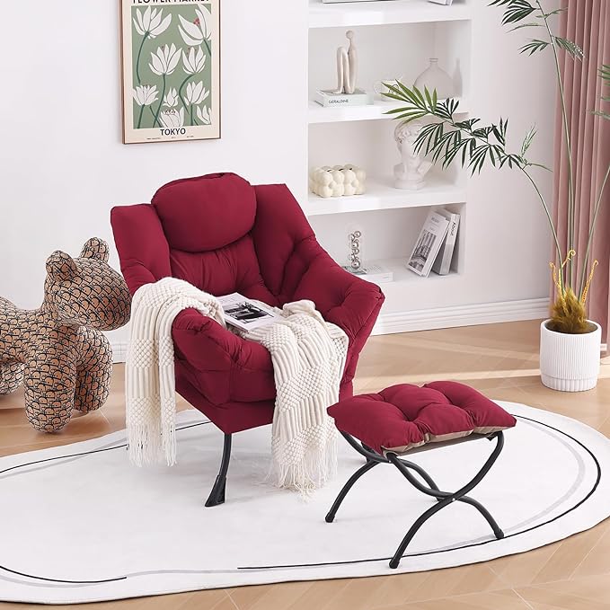 Welnow Lazy Chair with Ottoman, Modern Lounge Accent Chair with Armrests and a Side Pocket, Leisure Sofa Armchair, Reading Armchair with Footrest for Small Space, Burgundy